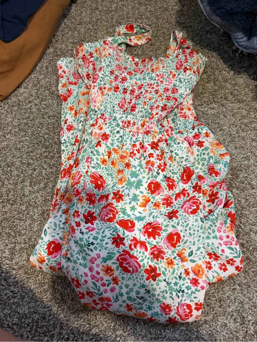 Cracker Barrel Floral Maxi Dress in White with Red, Orange, Green Accents